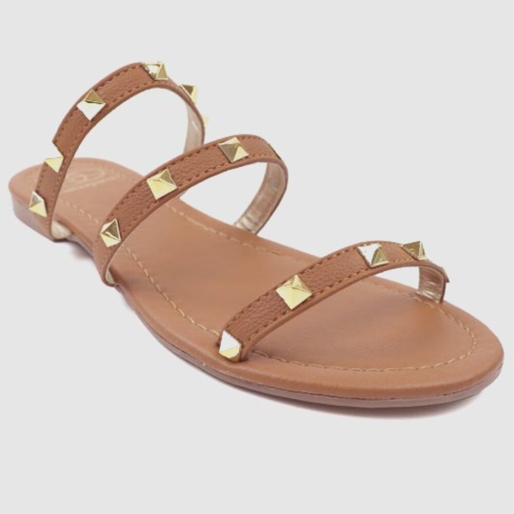 Lulu Three strap Sandal with Pyramid Studs in Tan